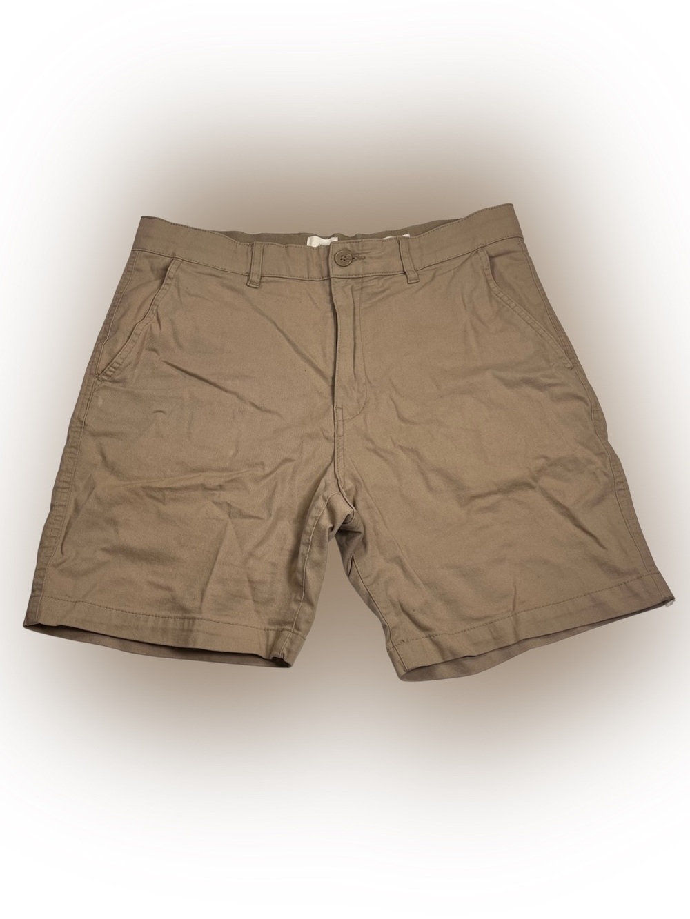 HM H&M Slim Fit Stretch Men Beige Khaki Flat Front Chino Shorts Sz M 34x7